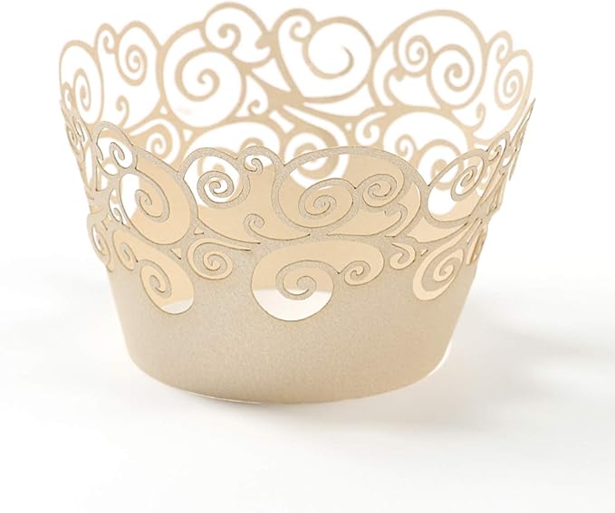 Cupcake Wrappers, KPOSIYA 50 Pack Cupcake Wraps Filigree Artistic Bake Cake Paper Cup Little Vine Laser Cut Liner Baking Cups Muffin Case Trays for Wedding Party Birthday Decoration (50, Beige)
