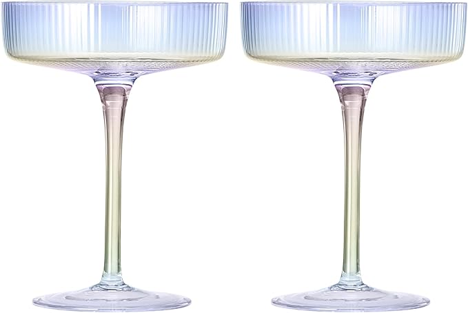 Iridescent Coupe Glasses, Martini, Champagne Cocktails, Vintage Art Deco | Set of 2 | 7.1 oz Stemmed Classic Manhattan Glasses For Speakeasy, Cocktail, Margarita, Ripple Coupes, Gatsby, Crystal Stems