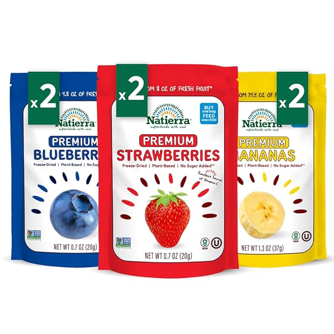NATIERRA Premium Freeze-Dried Blueberries, Strawberries & Bananas | Non-GMO & Vegan, Gluten Free, No Additives, No Sugar Added | Variety Pack (Pack of 6)