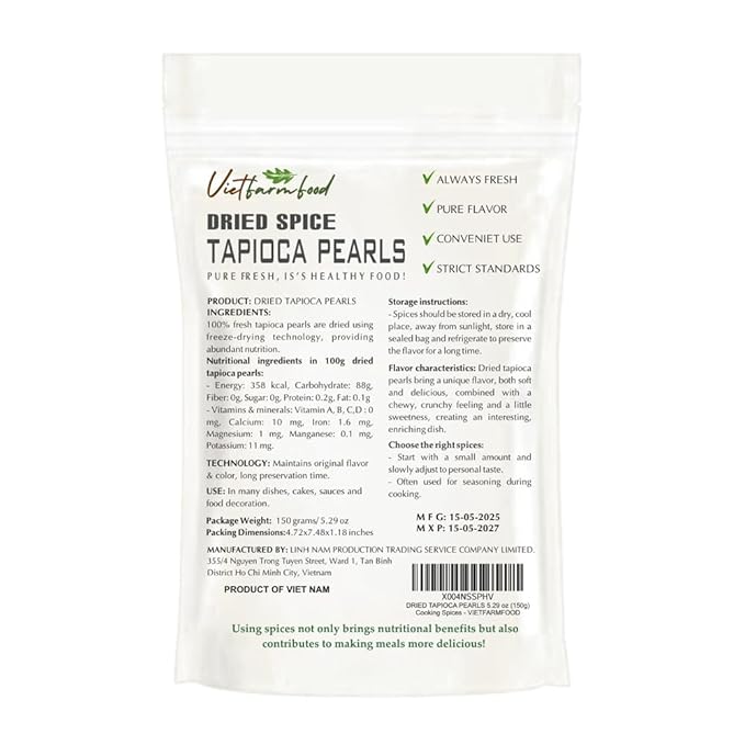 DRIED TAPIOCA PEARLS 5.29 Oz (150g) VIETFARMFOOD: Natural pure, convection dried seasoning made from real vegetables - perfect for adding flavor to any meal, from cooking, baking, salads, sauces