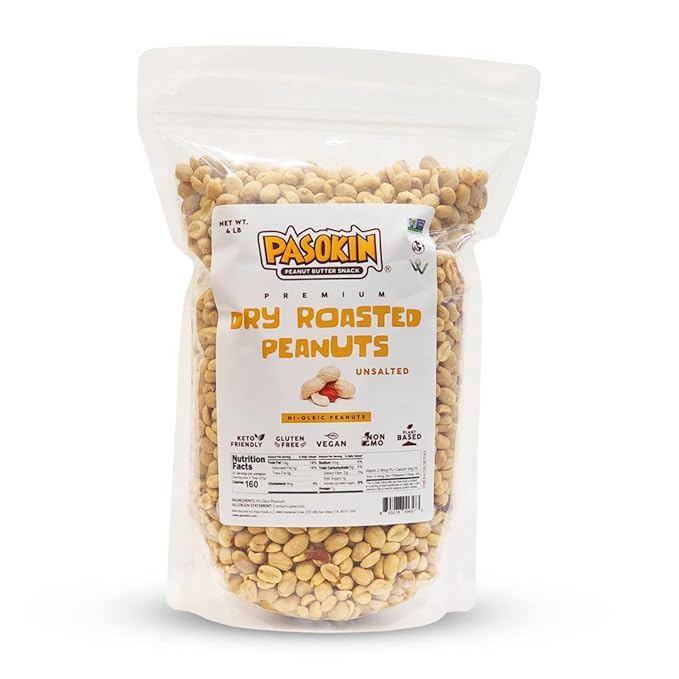 Pasokin Premium Dry Roasted Jumbo Peanuts, Unsalted, NON GMO Verified, Kosher, Keto Friendly, High Protein Snack, Vegan and Gluten Free, 4 lbs (4)