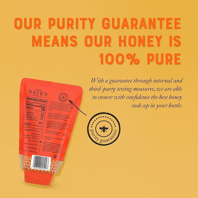 Nate's 100% Pure, Raw & Unfiltered Honey, No-Drip Sustainable Squeeze Pouch; Purity Guarantee, No Additives, 14 Ounce