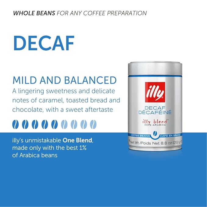illy Whole Bean Coffee - Perfectly Roasted ??Classico Decaf Roast - with Notes of Caramel, Toasted Bread & Chocolate - 100% Arabica Beans - No Preservatives ??8.8 Ounce, 6 Pack