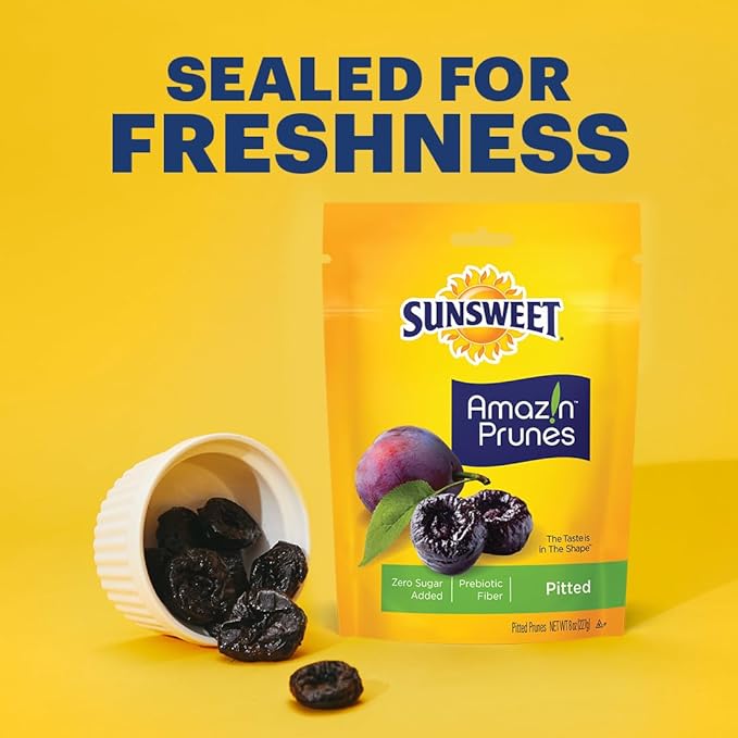 Sunsweet Amazin' Pitted Prunes - Dried Prunes Pitted Unsweetened - Gluten Free, Vegan, Low Fat - Fiber & Minerals - 8 oz Pouches x 6 Pack
