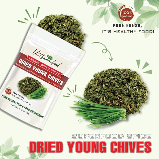 DRIED YOUNG CHIVES 1.76 Oz (50g) VIETFARMFOOD: Pure, natural freeze-dried spice made from real vegetables and fruits - perfect for enhancing every meal, from cooking, baking, salads, soups, sauces