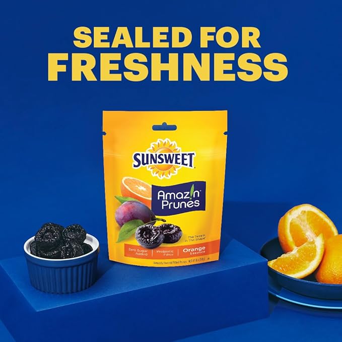 Sunsweet Amazin' Prunes Orange Essence - Prunes Pitted Unsweetened & Dried - Gluten Free, Vegan, Low Fat - Fiber & Minerals - 6 oz pouch - 6 Pack