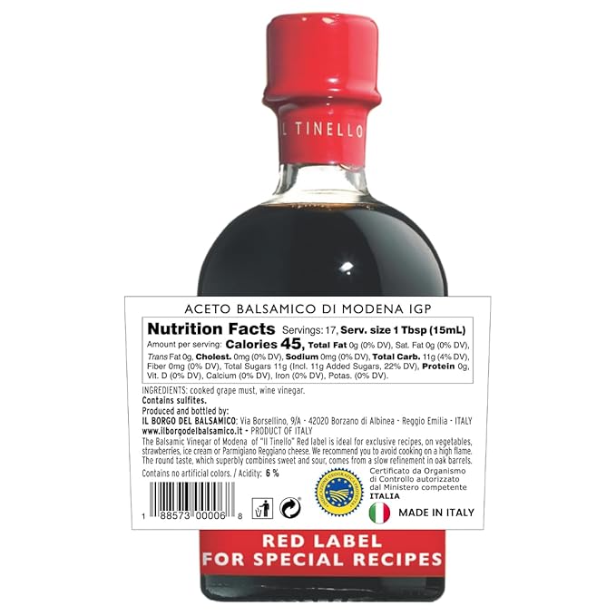 IL TINELLO Balsamic Vinegar of Modena IGP, Red Label, 100ml (8.5 fl oz) ??Aceto Balsamico di Modena pairs with Cheese, Risotto, Fruit & Cooked Vegetables, 65 Brix, 6% acidity, Product of Italy