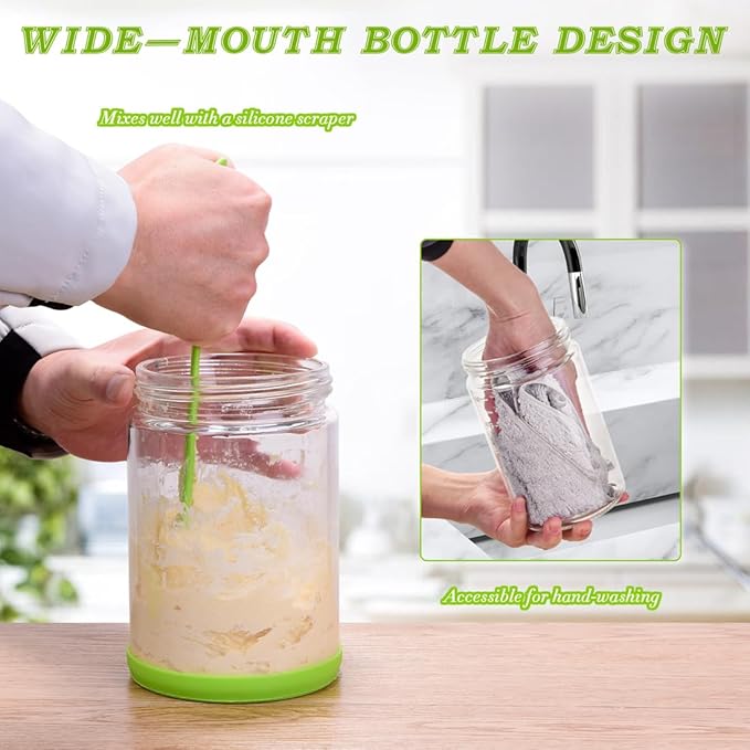 40oz Large Sourdough Starter Jar Glass Kit Wide Mouth with Black Silicone Spatula, Aluminum Lid, Cloth Cover, Date Marked Band, Thermometer (Transparent)