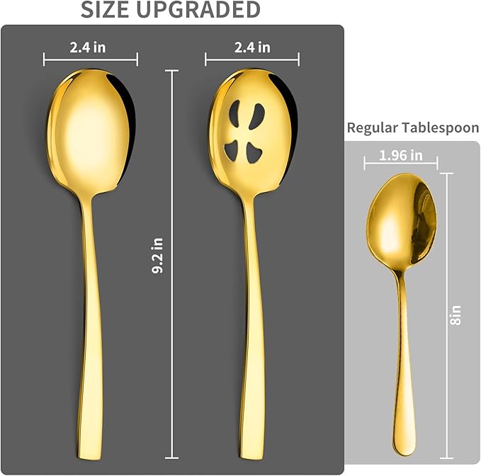4 Piece Stainless Steel Serving Spoons Set - 2 Large, 2 Slotted, 9.2-Inch, Dishwasher Safe, for Parties/Kitchen/Buffet/Catering,Gold