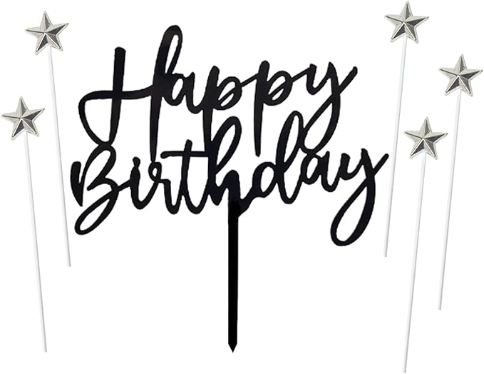 ZHENGYE Set of 1 Black Acrylic Happy birthday Cake Topper And 5 pcs silvery Star Cupcake Topper Cake Decoration Supplies for Baby Shower Birthday Decorations(Black 14)