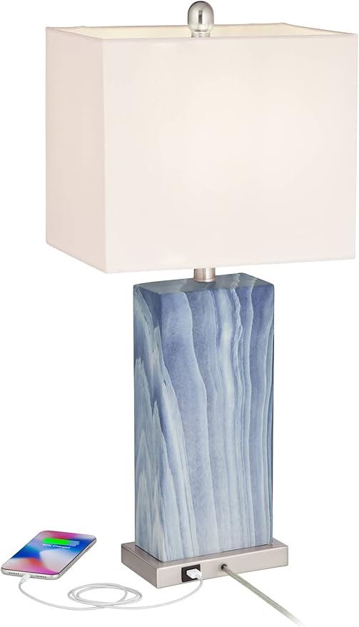 360 Lighting Connie Modern Table Lamps 25" Tall Set of 2 with USB Charging Ports Blue Faux Marble White Rectangular Shade for Bedroom Living Room House Desk Bedside Nightstand Office Family