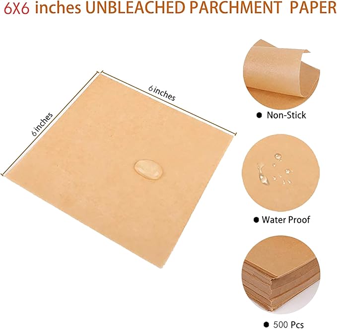500 PCS Precut Parchment Paper Squares for Baking Cookies, Unbleached Nonstick Wax Paper Sheets for Separating Beef Patties, Freezing Hamburgers. (6x6 Inch)