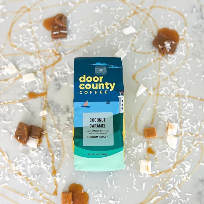 Door County Coffee Coconut Caramel Flavored Ground - Medium Roast - 10 oz Bag - 100% Specialty Grade 1 Arabica