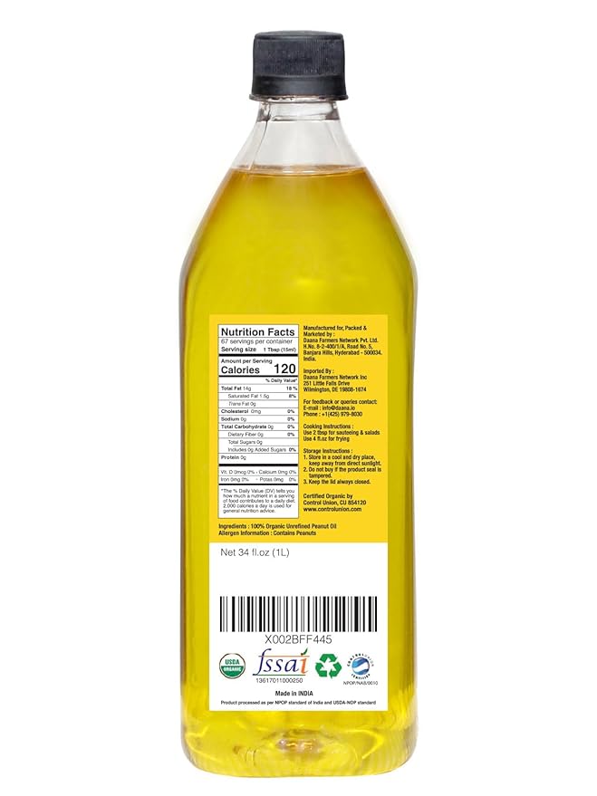 Daana Peanut Oil: CERTIFIED USDA ORGANIC, EXTRA VIRGIN, COLD PRESSED (34 Fl oz)