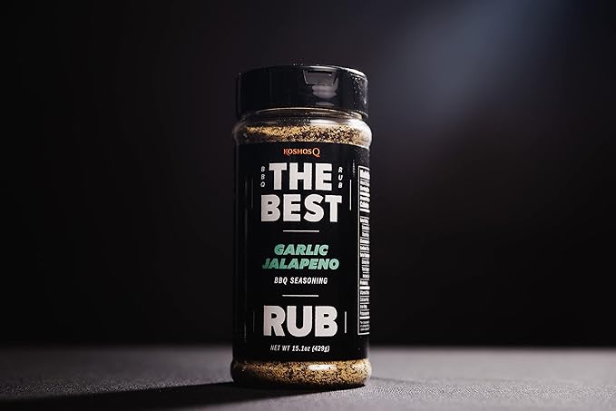 Kosmos Q The Best Garlic Jalapeno Rub, Garlic Jalapeno Pepper Seasoning & BBQ Dry Rub For Chicken, Shrimp, Wings, Salmon, Grilled Veggies & More, Bold Savory BBQ Spice Blend, 15.1 Oz Shaker Bottle