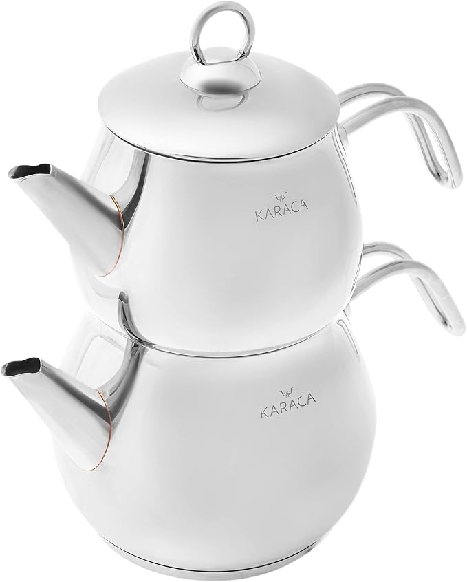 Karaca Layla Teapot Edelstahl, Turkischer Teekocher, Wasserkocher, Teekanne: 1 L Wasserkocher: 1,75 L, T체rkisches Teekannen, Kayra Teekannen Set Metal