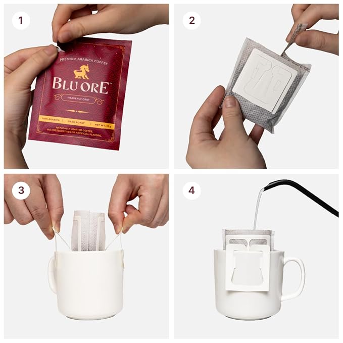 Blu Ore Premium Vietnamese Coffee - Single Serve Pour Over (8 Pack) - 100% Arabica Drip Bag Coffee, Eco-Friendly Filter, Travel Friendly, No Preservatives - Dark Roast