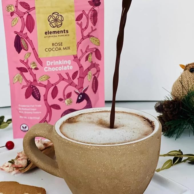 Elements Truffles Rose Essential Oil Hot Chocolate - Heavy Metal Tested- All-Natural, Handmade Hot Chocolate Mix - Uses Ecuadorian, Fair Trade, Organic Cacao Powder - Vegan Hot Cocoa Mix - 16 Oz