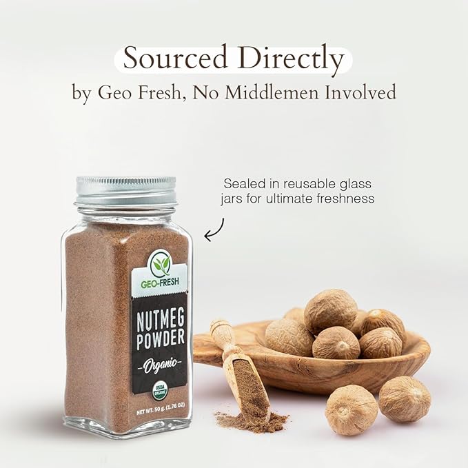 Geo-Fresh Organic Nutmeg Ground Powder, 1.76 oz (50g) - Ground Nutmeg for Baking & Cooking - Premium Nutmeg Powder Organic - USDA Certified Organic - Non-GMO, Kosher & Gluten-Free - Aromatic & Freshly Sourced