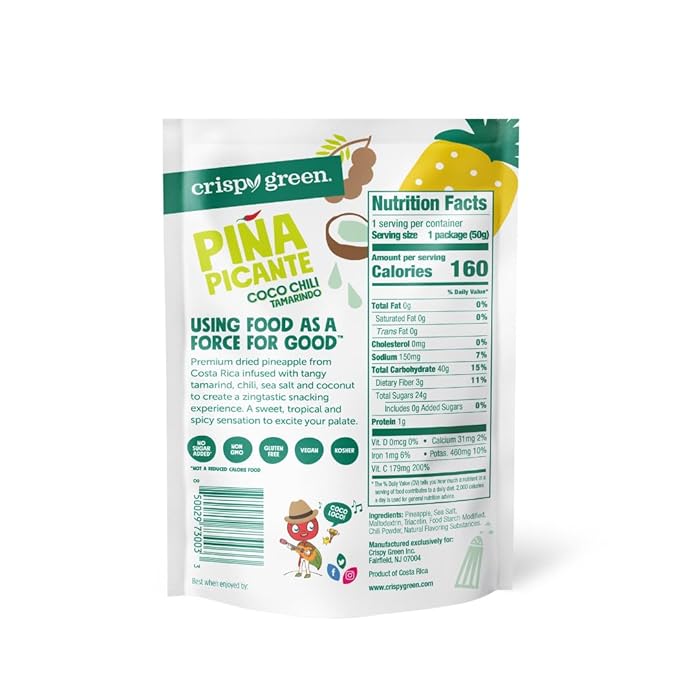 Crispy Green Pi챰a Picante, Coconut Chili Tamarindo Dried Pineapple, Healthy Real Fruit Snacks, 1.76 Ounce, 12 Single Serve Bags