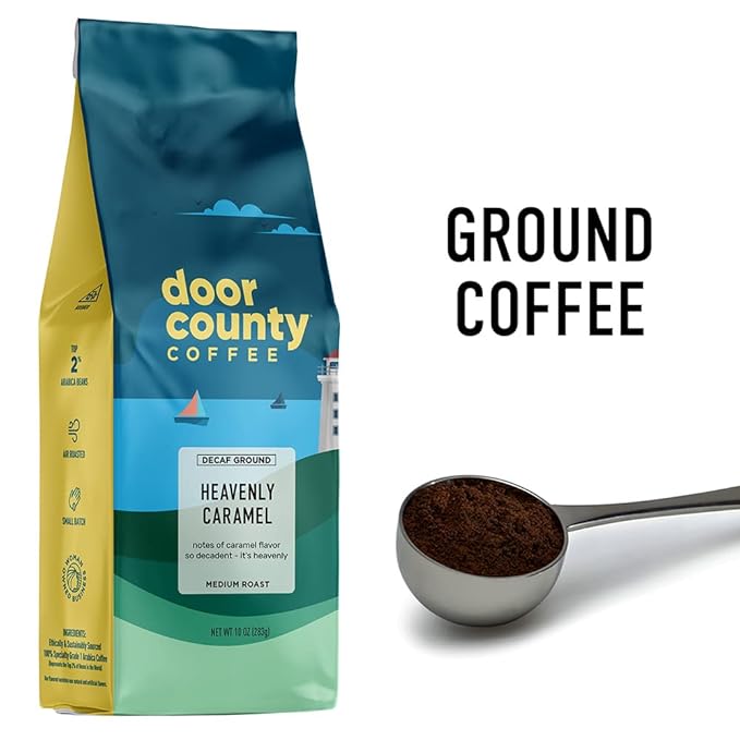 Door County Coffee Heavenly Caramel Decaf Flavored Coffee - 10oz Bag - Ground Medium Roast - 100% Arabica