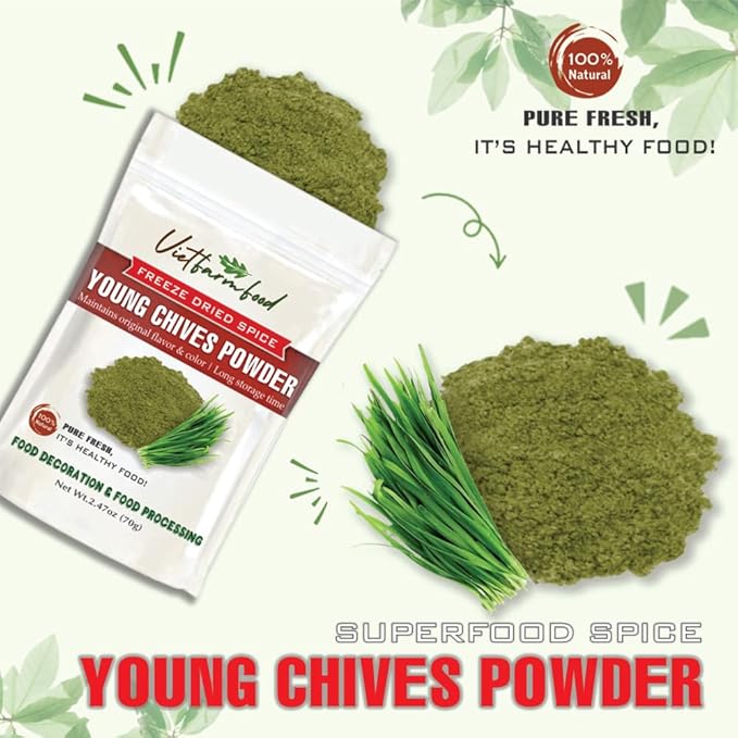YOUNG CHIVES POWDER 2.47 Oz (70g) VIETFARMFOOD: Pure, natural freeze-dried spice made from real vegetables and fruits - perfect for enhancing every meal, from cooking, baking, salads, soups, sauces