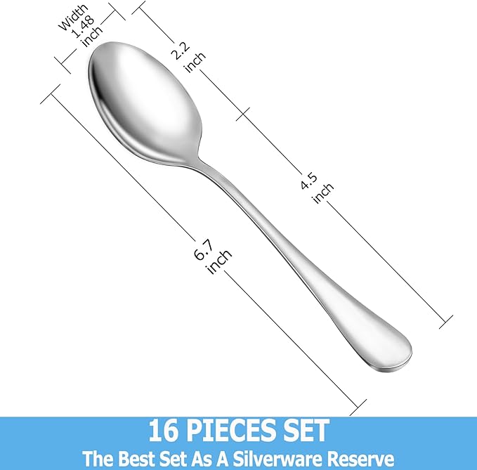 Teaspoon Set,16 Piece 6.7" Spoons Silverware, Premium Food Grade Stainless Steel Tea Spoons, Durable Small Spoon, Good Teaspoons, Kitchen Dessert Spoon Set, Mirror Finish & Dishwasher Safe