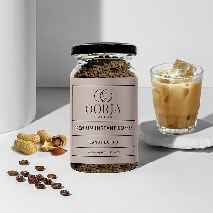 OORJA Instant Coffee Granules - Peanut Butter Flavored Freeze Dried Coffee Made From Medium Roast 100% Arabica Beans for Quick Hot and Iced Coffees, 25 Servings