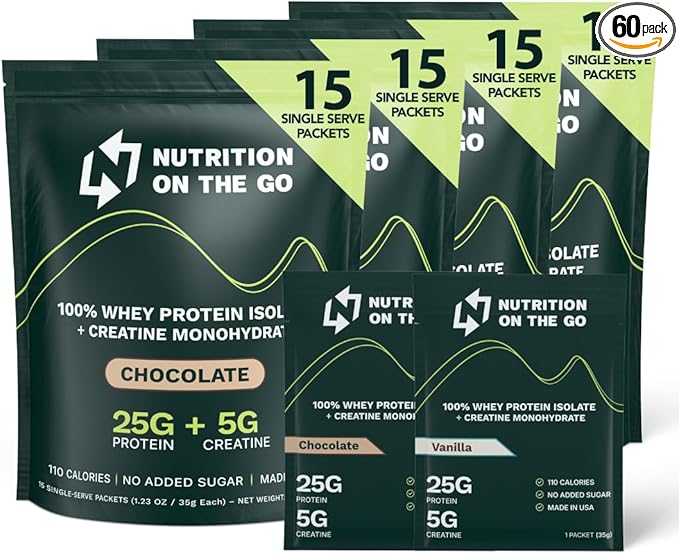 Travel Whey Protein Isolate Packets ??Single-Serve Protein Powder ??25g Proteins + 5g Creatine - Variety Pack (Vanilla & Chocolate) (60-Pack)