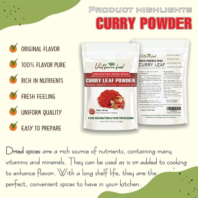 CURRY POWDER 5.29 Oz (150g) VIETFARMFOOD: Convection dried spices extract pure natural flavor. Convenient packaging, long-term preservation. Used for cooking, baking, salad, soup, sauce.