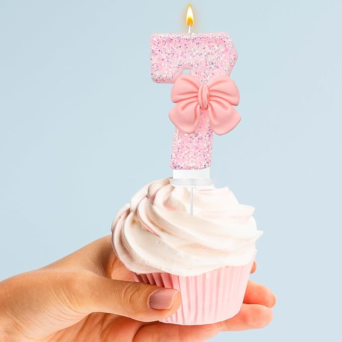 Pink Glitter Bow Birthday Candles, 7 Pack (0-9 Numbers, Eco-Friendly, Smokeless)