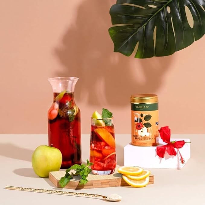 Hibiscus Apple Iced Tea Instant Premix (60 Servings/12 Quarts) Lightly Sweetened Iced Tea | Tarty Hibiscus & Sweet Apple | Best for Mocktails & Cocktails | Packed in Tin Caddy, 150g/5.29oz | VAHDAM