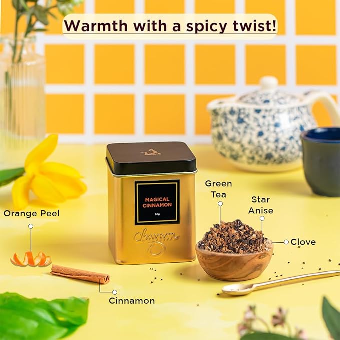 CHAYAM Cinnamon Tea & Spice Turmeric Tea, Combo Pack | 50g/1.77 oz Each | Cinnamon with Orange, Clove, Star Anise | Turmeric with Black Pepper, Ginger, Bergamot | 100% Natural, No Sugar