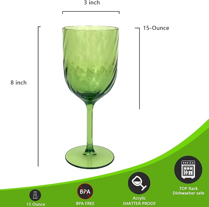 Yalin Set of 6 Unbreakable 15 oz Acrylic Plastic Wine and Water Tumbler Stackable Goblets. (Green, 15 oz)