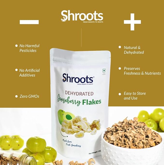SHROOTS Dehydrated Gooseberry (Amla) Flakes Pure Vegetarian Gluten-Free No Added Sugar Easy Cooking Essential Machine Dried Vegetables with Natural Aroma Ideal for Everyday Meals 5.29 oz, Pack of 1