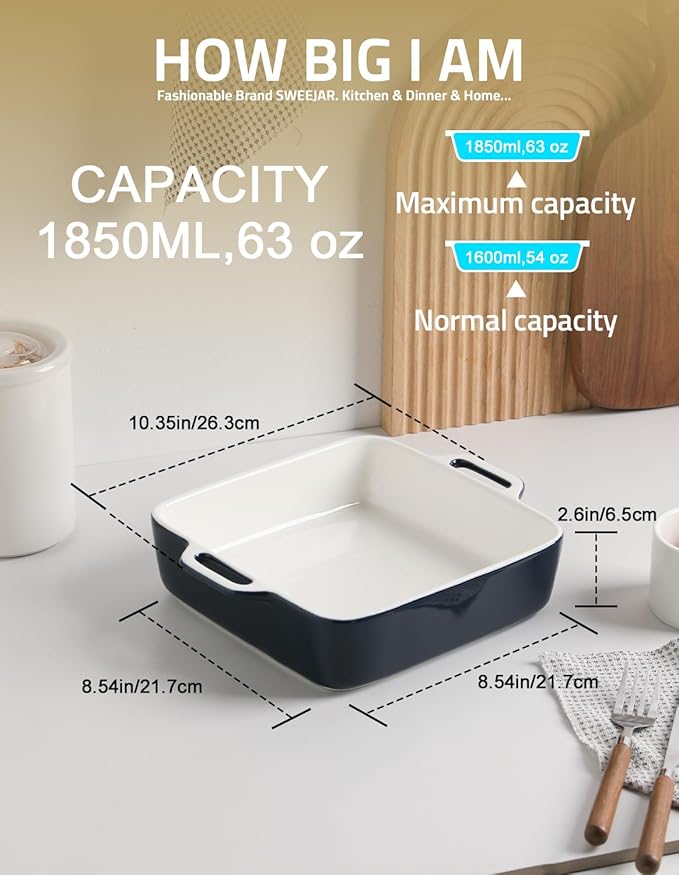Sweejar 8x8 Baking Pan,Ceramic Casserole Dishes for Oven with Double Handlesï¼? QT Square Cake Baking Dish for Brownie,Lasagna,Casseroles,Family Dinner (Navy)