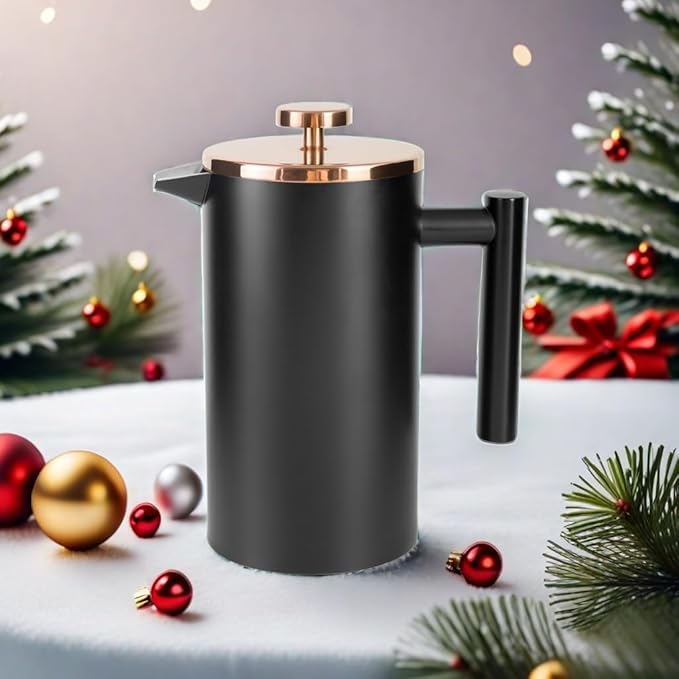 Black French Press Stainless Steel 34oz, Double Wall Insulated Coffee Press 1L for travel camping with 2 Extra Filter Screens and 1 Coffee Spoonç«?cup 1000mlç«?,<div>