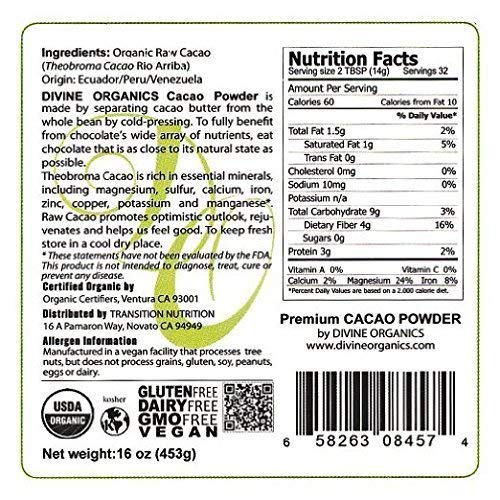 Divine Organics Raw Cacao Powder/Raw Cocoa Powder - Certified Organic - Premium Rio Arriba - Smoothies, Hot Chocolate, Baking, Shakes, Add to Coffee - Rich in Magnesium (16oz)