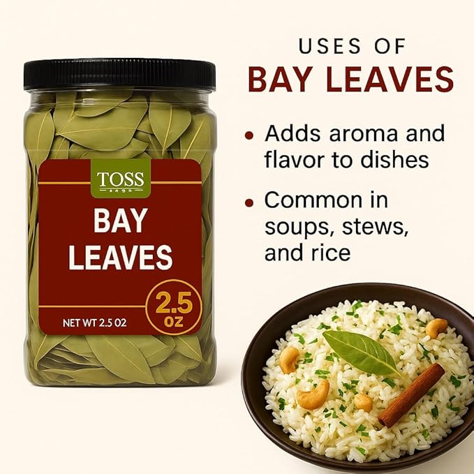 TOSS Bay Leaves Whole – Dried Spice Herb for Cooking, Soups, Stews, Rice & Curry – 2.5 oz Resealable Jar