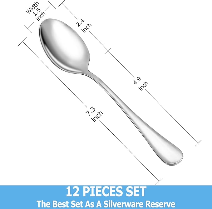 12 Pcs Dinner Spoon Set,Premium Food Grade Stainless Steel Spoons,Durable Metal Spoons,Tablespoon,Spoons Silverware Only,Mirror Finish & Dishwasher Safe,Use for Home,Kitchen and Restaurant - 7.3 inch