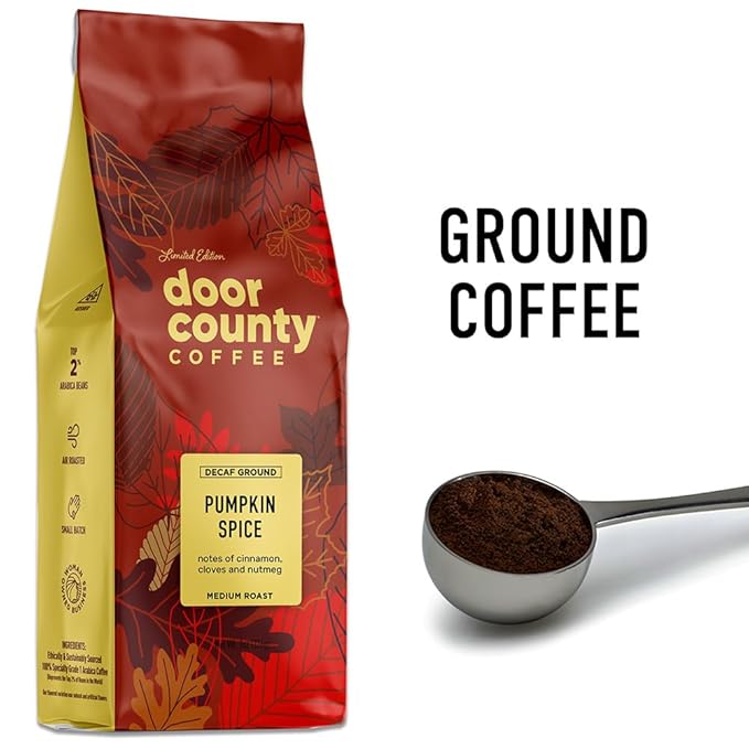 Door County Coffee Pumpkin Spice Flavored Decaf Coffee Ground - 8 oz Bag - Medium Roast - Cinnamon & Nutmeg Flavored