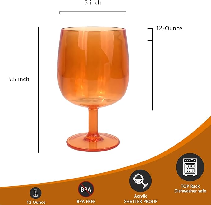 Yalin Set of 6 Unbreakable 12 oz Acrylic Plastic Wine and Water Tumbler Stackable Goblets. (Orange, 12 oz)