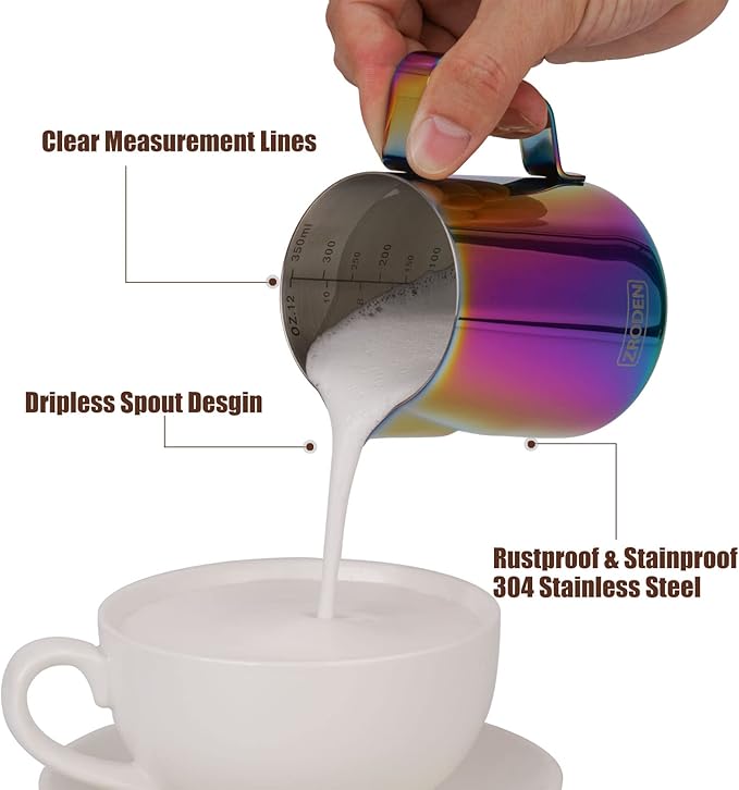 Milk Frothing Pitcher, 12oz Espresso Steaming Pitchers Stainless Steel Cappuccino Coffee Machine Accessories Barista Tools Steam Froth Pitchers Milk Jug Cup with Decorating Pen Latte Art, Rainbow