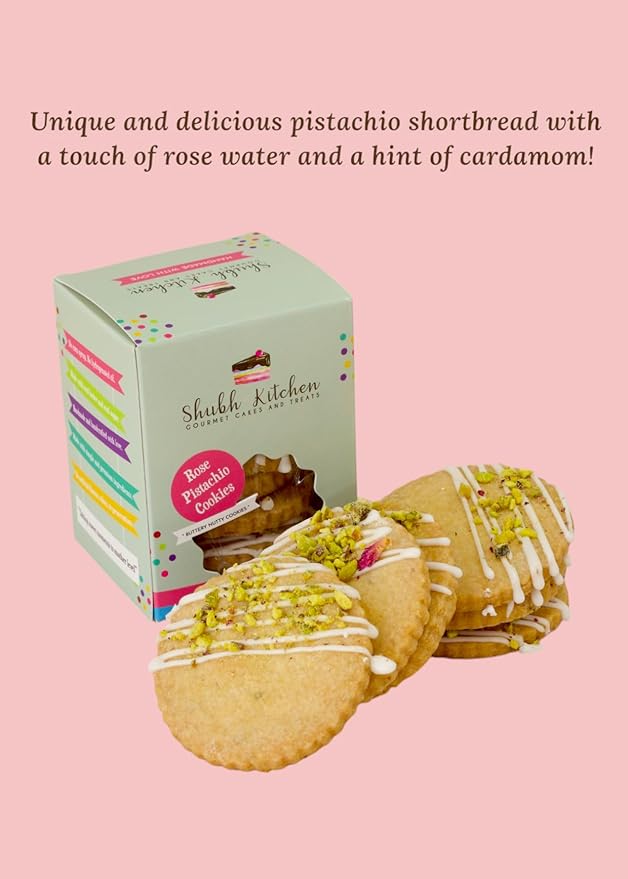 Rose Pistachio Cookies- Gourmet Indian Cookies, 100% Egg-Free & Vegetarian, Handmade with Real Butter & Pistachios, No Preservatives, Authentic Flavor, 6 oz Pack