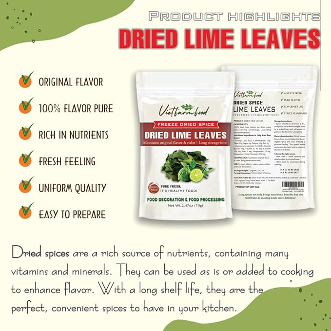 DRIED LIME LEAVES 2.47 Oz (70g) VIETFARMFOOD: Pure, natural freeze-dried spice made from real vegetables and fruits - perfect for enhancing every meal, from cooking, baking, salads, soups, sauces