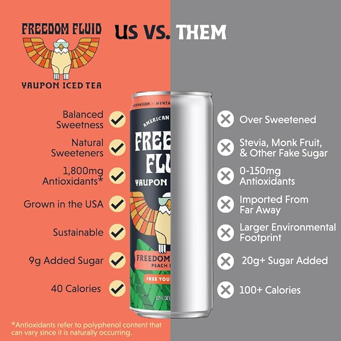 Freedom Fluid Organic Yaupon Iced Tea – Refreshing Peach | Herbal Tea Drink | Lightly Sweetened, Low Sugar, Low Calories, Real Brewed Tea, Clean Ingredients, Antioxidant Rich, Natural Caffeine, 12 Pack (12 oz cans)