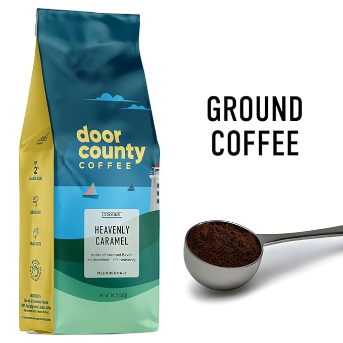 Door County Coffee Heavenly Caramel Flavored Ground - Medium Roast - 10 oz Bag - 100% Specialty Grade 1 Arabica
