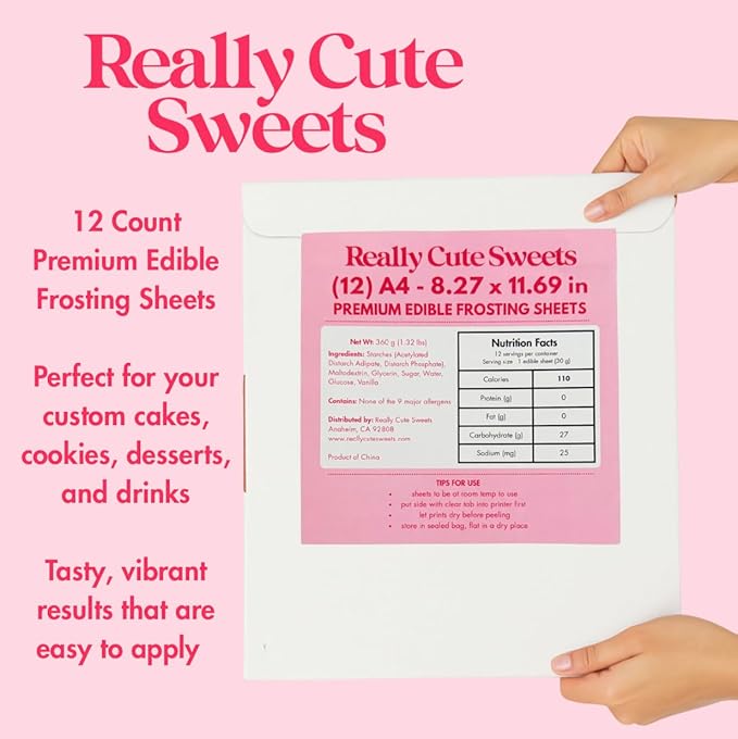 A4 Edible Frosting Sheets for Edible Printers by Really Cute Sweets - 12-Pack Premium Sugar Paper for Cake, Cookies, and Photo Decoration - White Edible Icing Sheets 8.3 x 11.7"