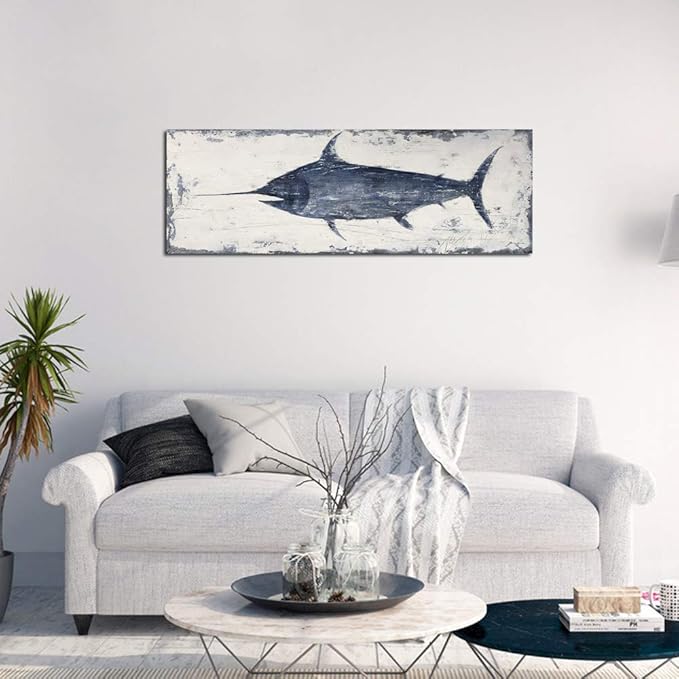 Yihui Arts Nautical Canvas Wall Art Animal Pictures Hand Painted Swordfish Paintings Ancient Ocean Seascape Coatal Artwork for Living Room Decoration