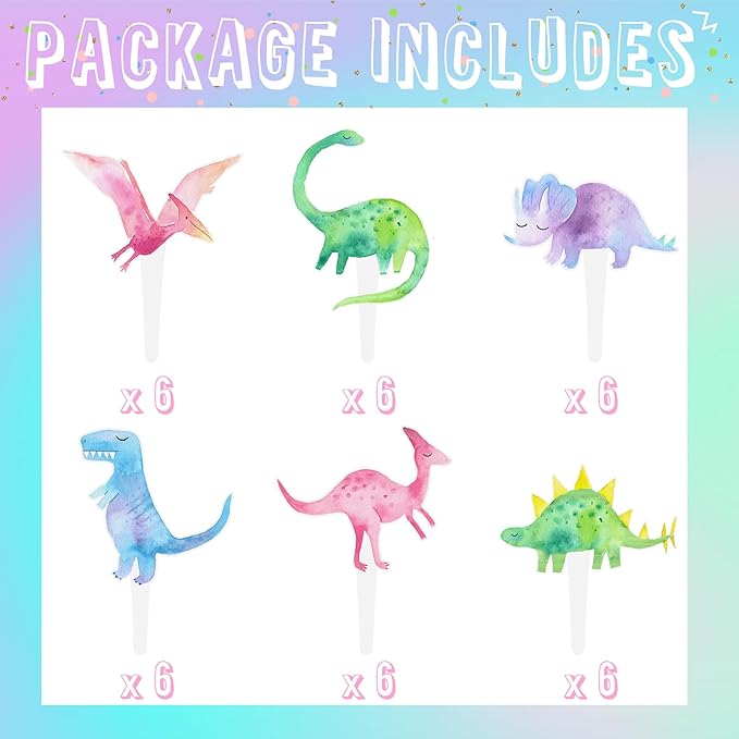 36 Pcs Pink Dinosaur Cupcake Toppers - Pink Dinosaur Party Decorations and Girl Dinosaur Party Cupcake Toppers